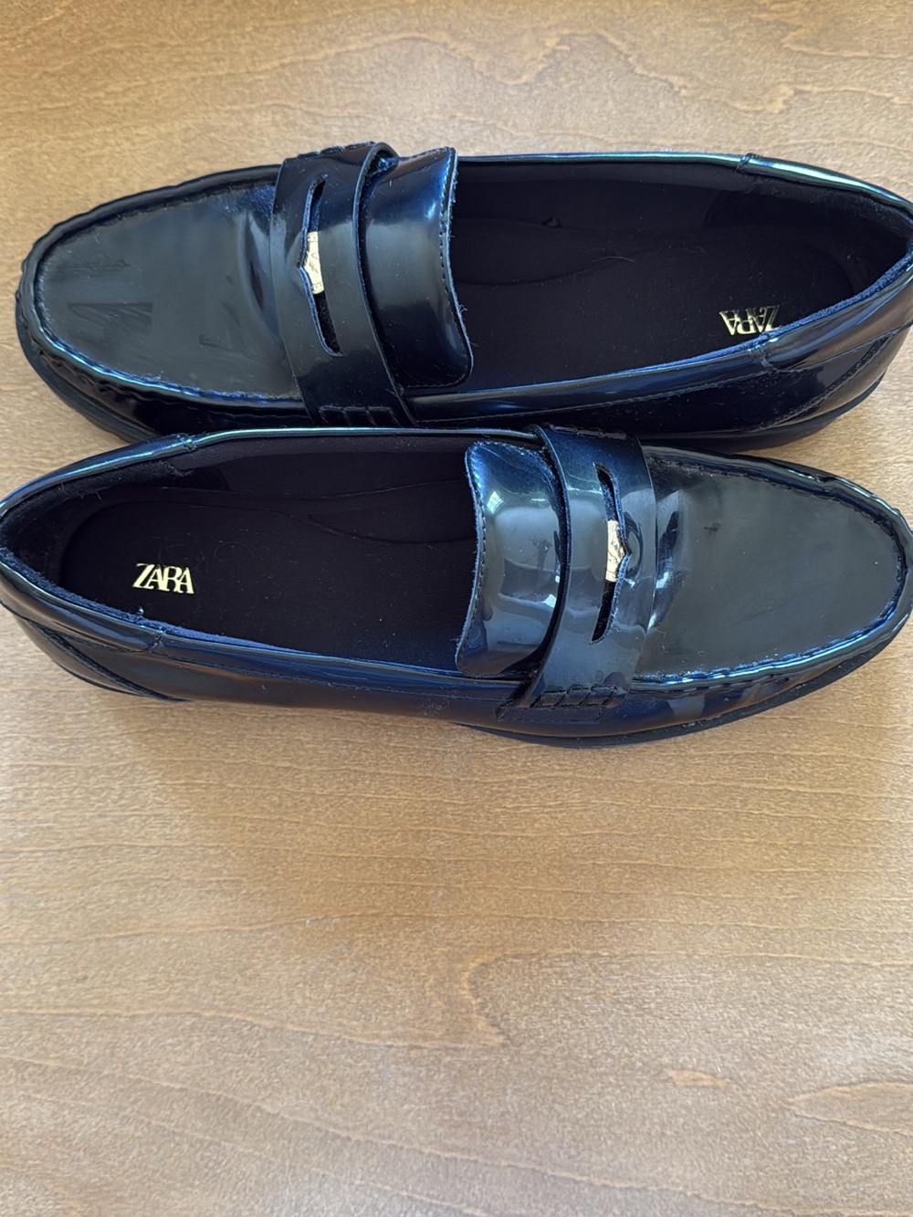 Zara womens Black Patent Penny Loafers with Gold Accent